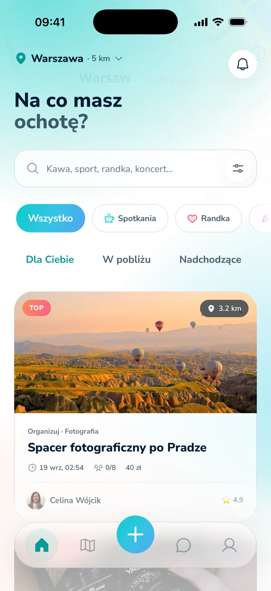 Ekran główny Nouwi: Na co masz ochotę? - lista aktywności w pobliżu